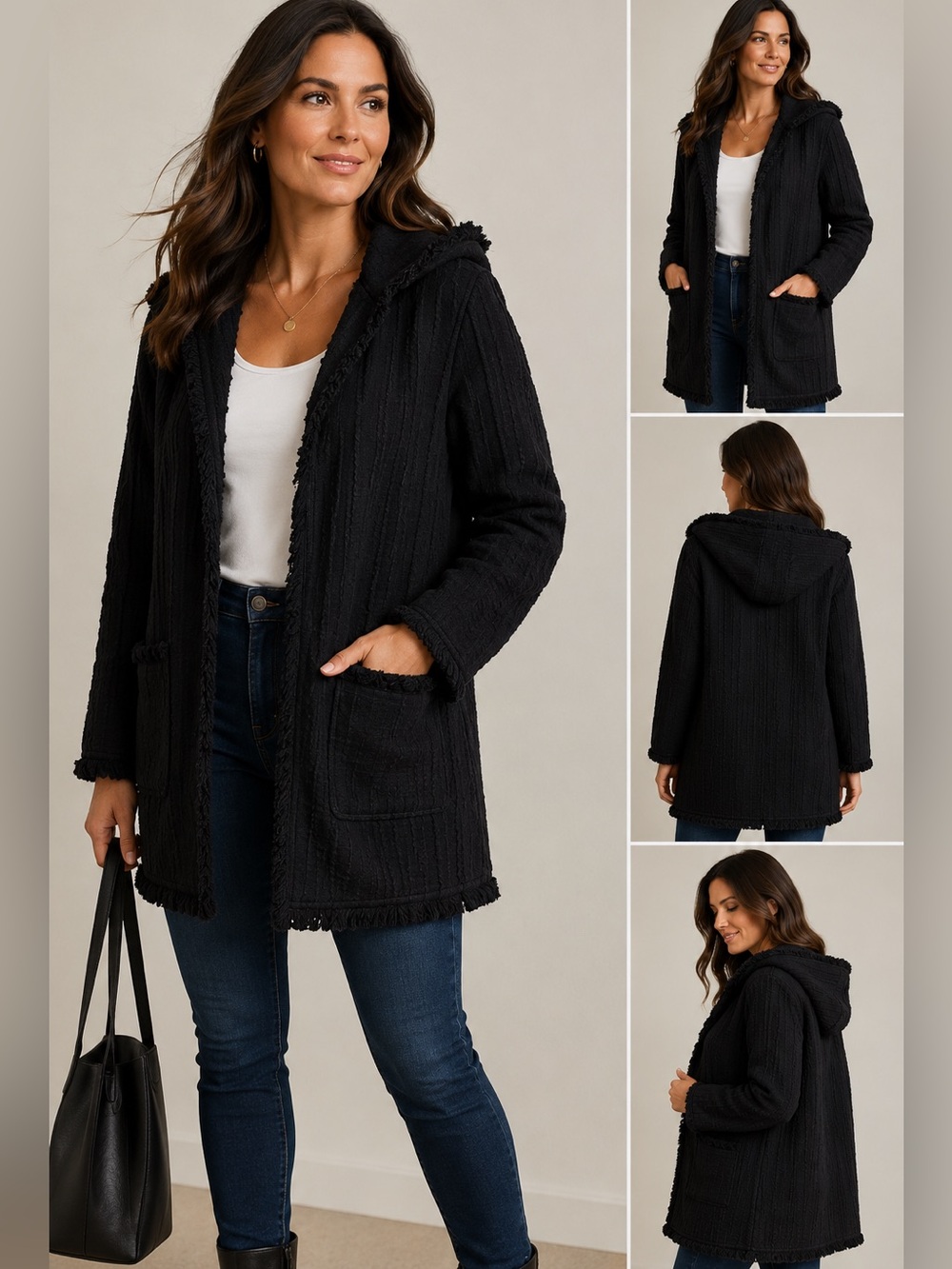 NWT Laundry by Shelli Segal Black Hooded Textured Fringe Trim Open Jacket M